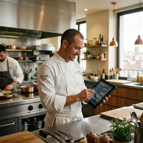 Chef profesional usando tablet con IA en cocina moderna de Madrid