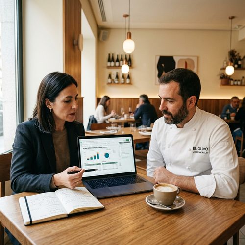 Consultor gastronómico revisando plan de negocio con chef en Madrid